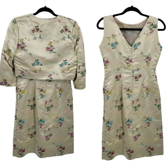 Vtg 60's Womens Dress 2pc Set Asian Satin Sheath‎ Bolero Jacket Gold Floral Sz M - Picture 3 of 17